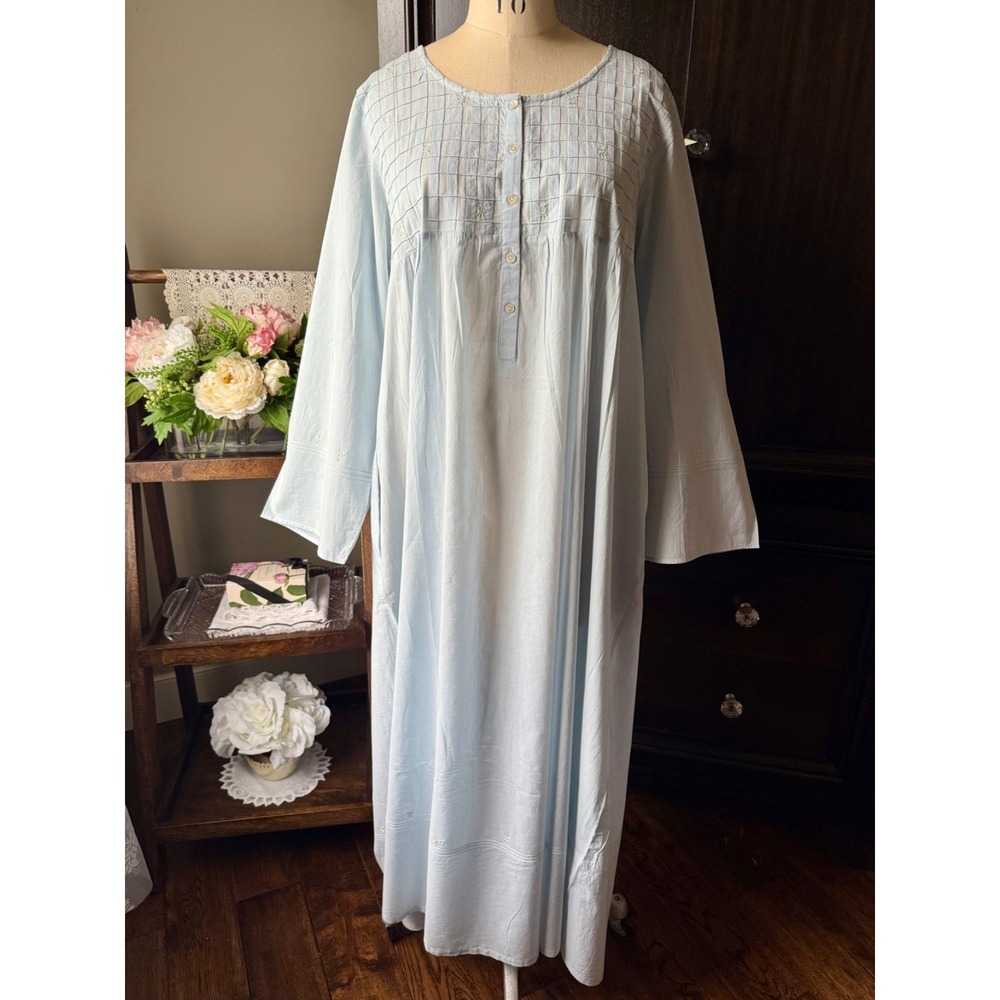 Nightgown Embroidered Cotton Pintuck‎ Maxi Long Sleeve Blue XL Cottagecore NWT